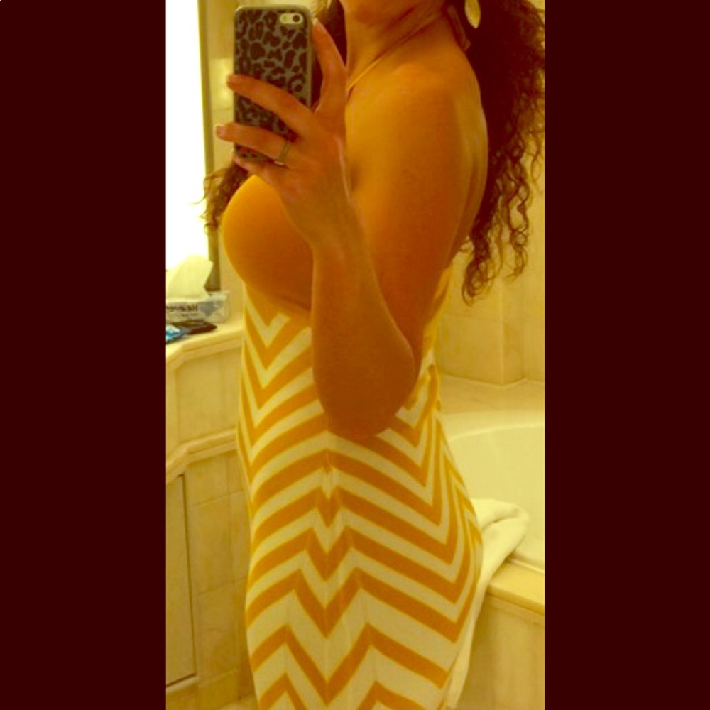 Bebe long halter dress in herringbone pattern.